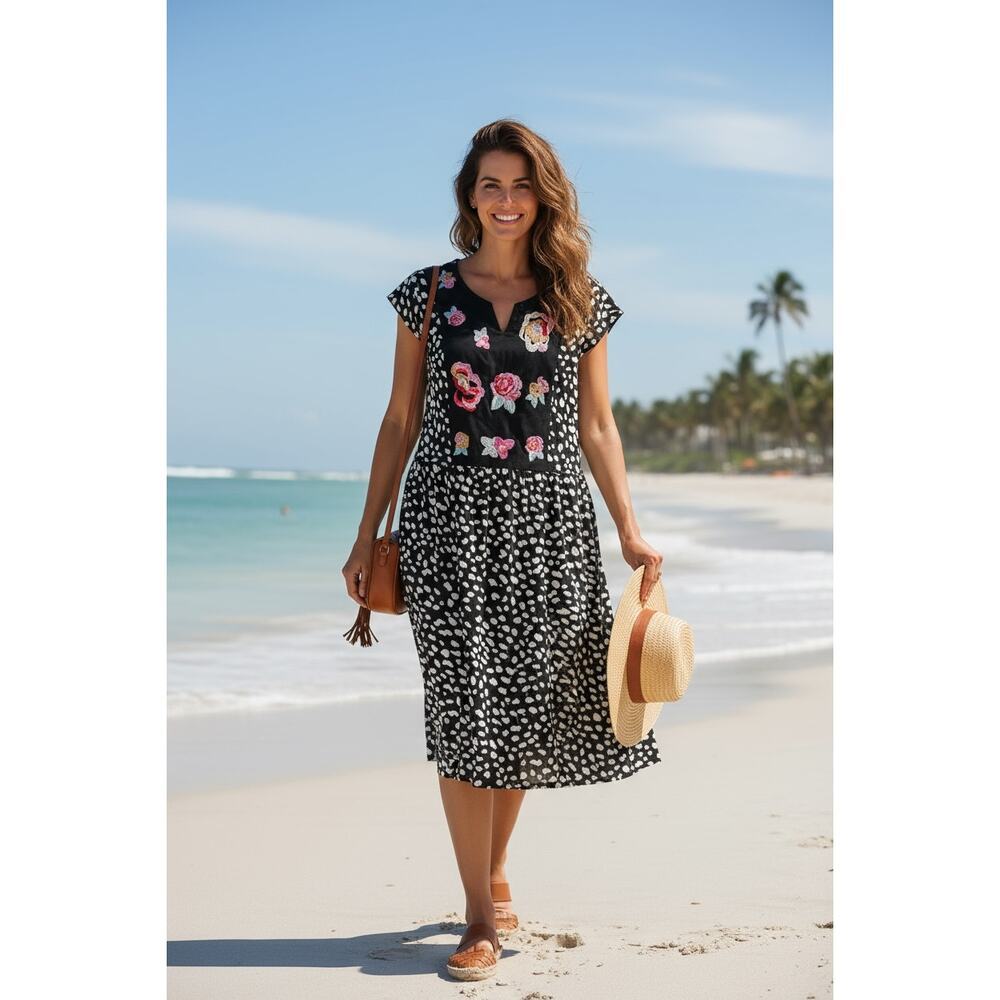 Kirundo Women's Animal Print Floral Embroidered Midi Boho Dress Size Medium